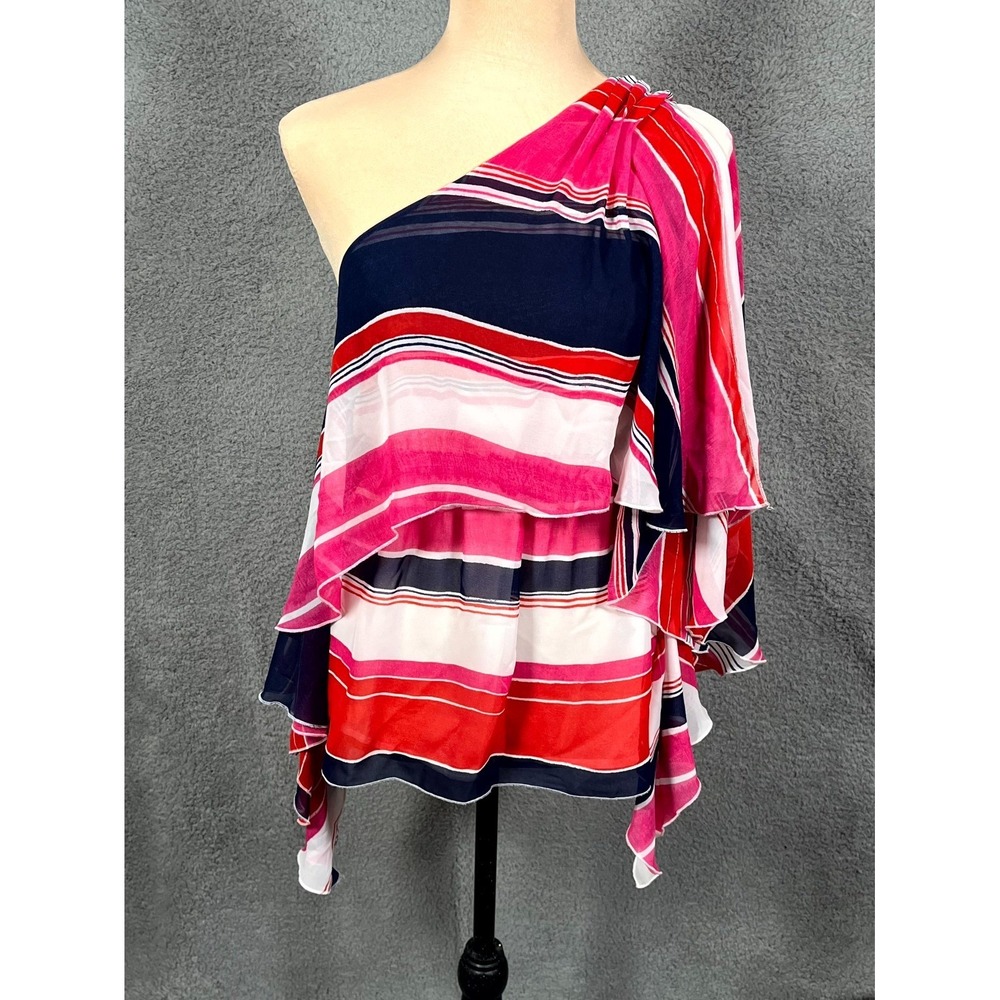Vince Camuto One Shoulder Blouse Women 0 Blue Red White Striped Party Resort